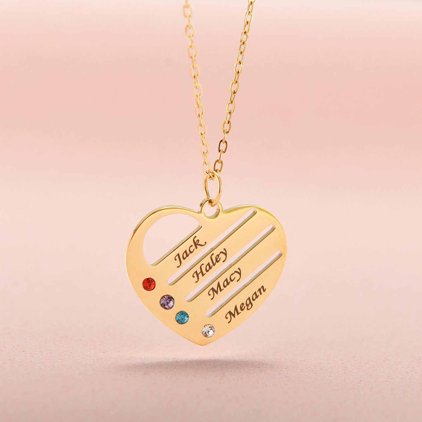 "Heart of the Family" – Custom Birthstone & Name Necklace in LED Mahogany Box