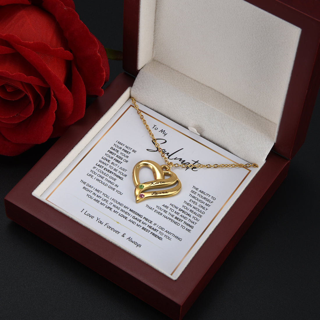 Personalized Heart Necklace with Dual Engravings & Birthstone