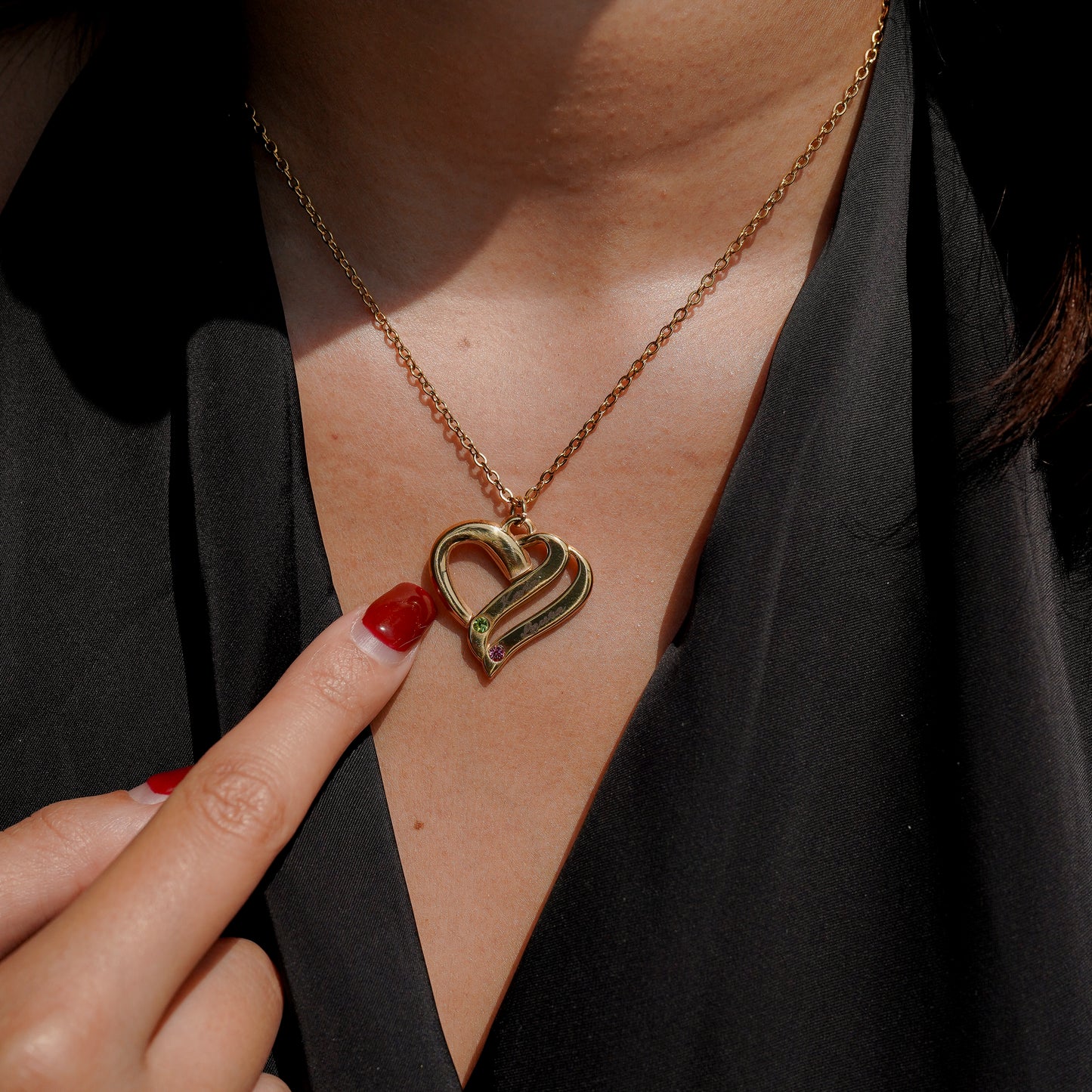 Personalized Heart Necklace with Dual Engravings & Birthstone