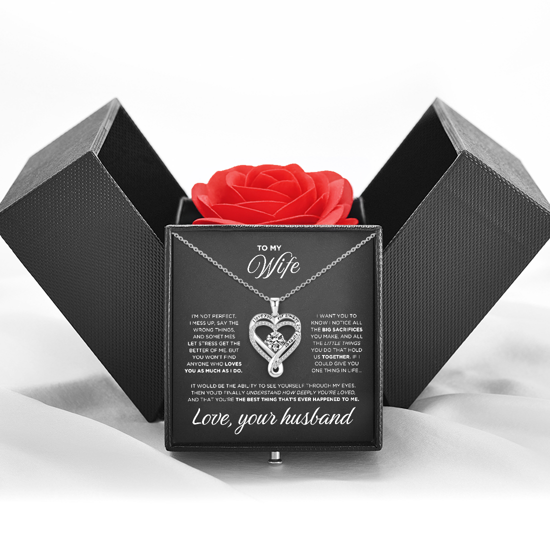 Sparkling Heart Necklace for Wife with Eternal Rose Light Box