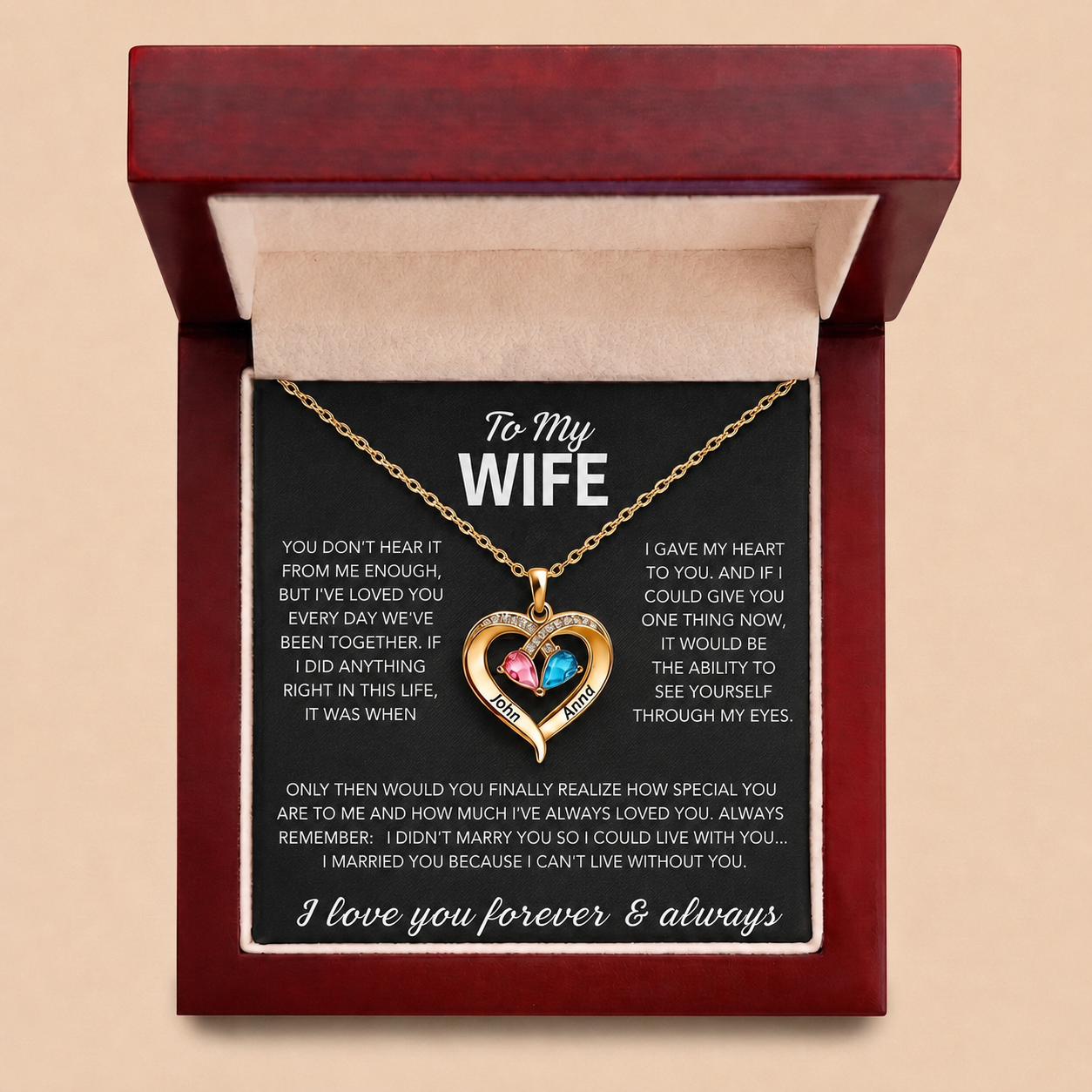 Para mi esposa: collar con corazón y piedra natal