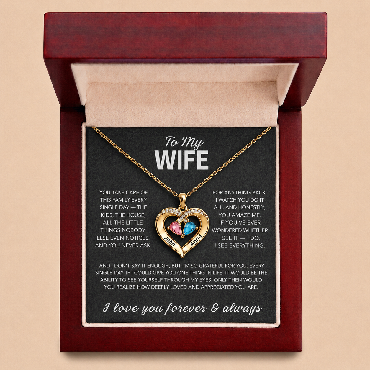 Para mi esposa: collar con corazón y piedra natal